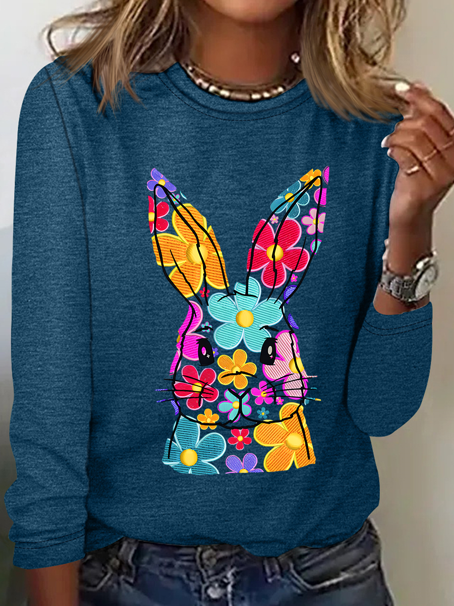 Happy Easter Bunny Flowers Print Casual Long Sleeve Shirt