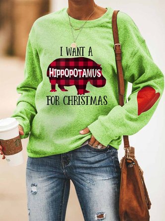 Christmas Red Plaid Hippo Print Hooded Long Sleeve Sweatshirt