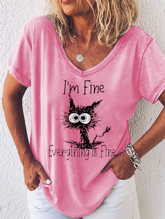 Am Fine Everything Is Fine Cat Print Shirts&Tops