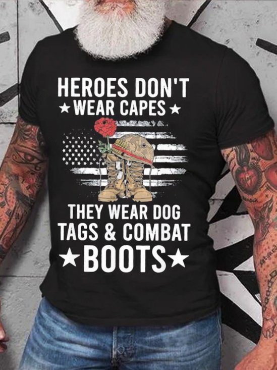 Top heroes Don’t Wear Capes, They Wear Dog Tags & combat boots，Us Flag Short Sleeve Casual T-Shirt