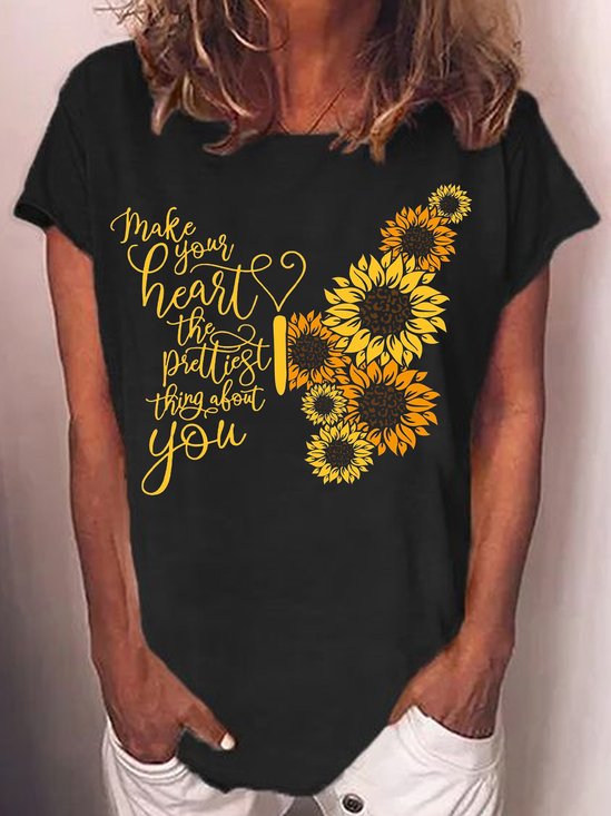 Womens Make You Heart The Prettiest Thing About You Butterfly Flower Print Casual T-Shirt