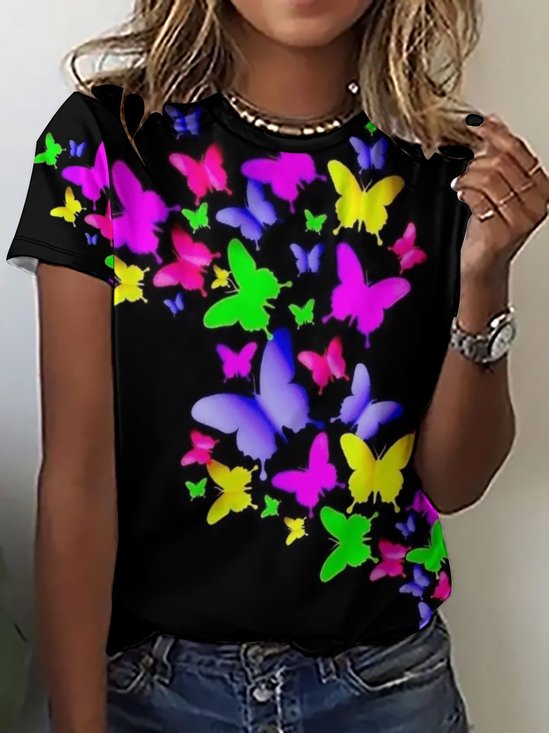Womens Butterfly Print Crew Neck  T-Shirt