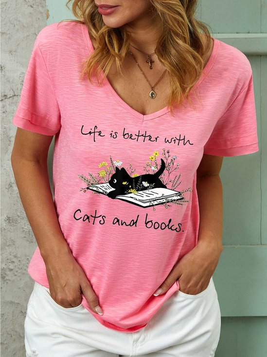 Women Books And Cats Life Better Cat Casual T-shirt