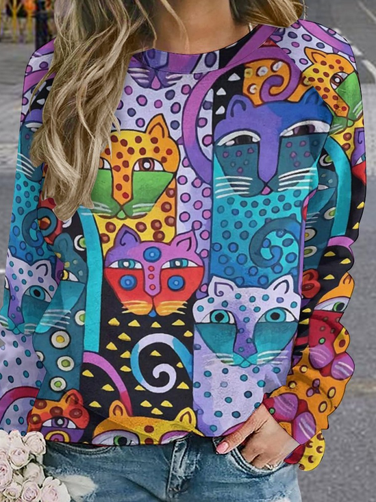 Women Funny Abstract Art Cat Casual Cotton Raglan Sleeve Sweatshirt