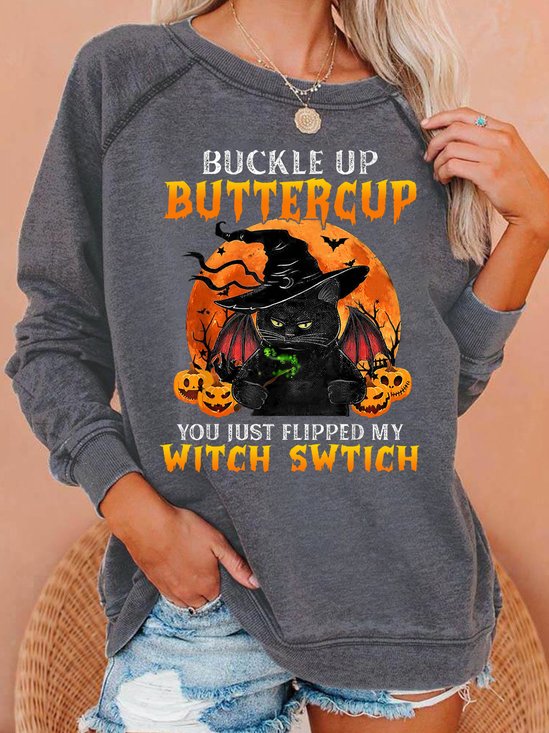 Womens Halloween Black Cat Letters Sweatshirt