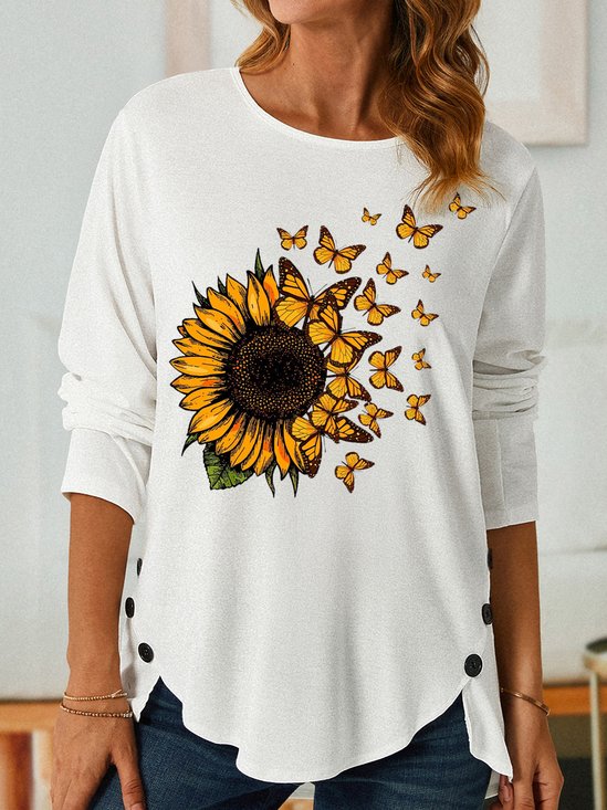 Women's Sunflower Butterfly Crew Neck Casual Long Sleeve Top