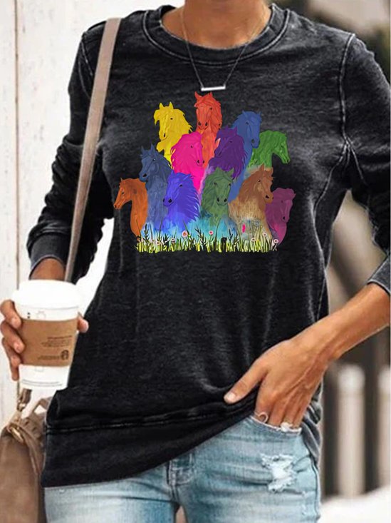 Womens Horse Lovers Watercolor Horses Casual Sweatshirt