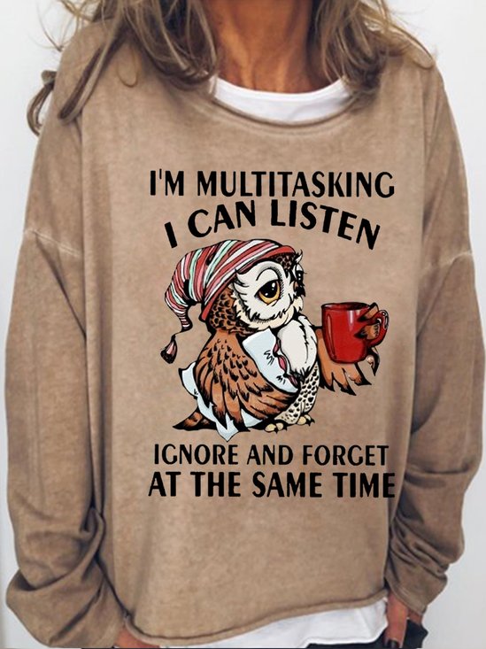 Women's Funny Text Letters Owl I'm Multitasking Crew Neck Casual Sweatshirt