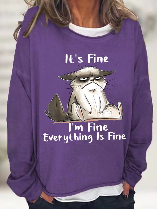 Women's It Is Fine I Am Fine Grumpy Cat Text Letters Graphic Print Casual Sweatshirt