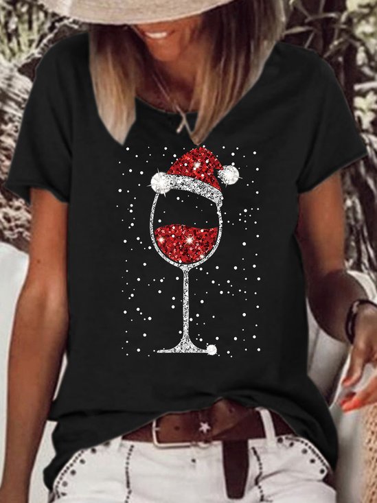 Women's Christmas Wine Glasses Light Bling Print Casual T-shirt