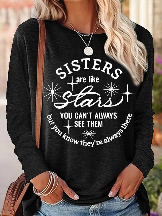Women's Funny Word Sisters Are Like Stars Regular Fit Cotton-Blend Simple Long Sleeve Top