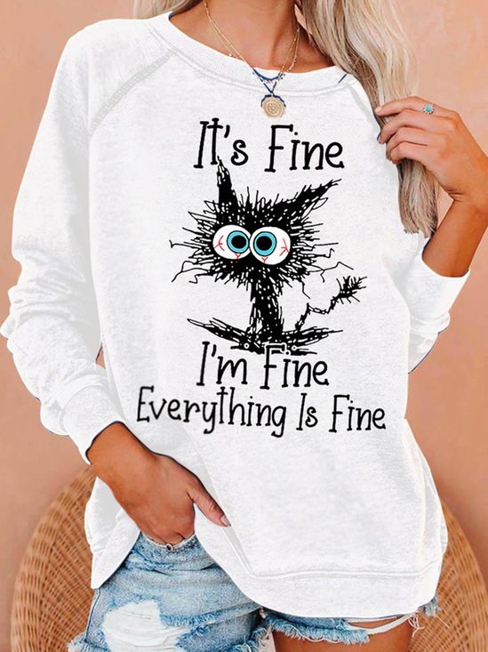 Women's Funny I Am Fine Black Cat Letter Crew Neck Sweatshirt