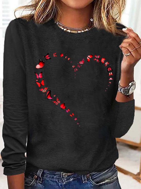 Women's Butterfly Heart Crew Neck Casual Top