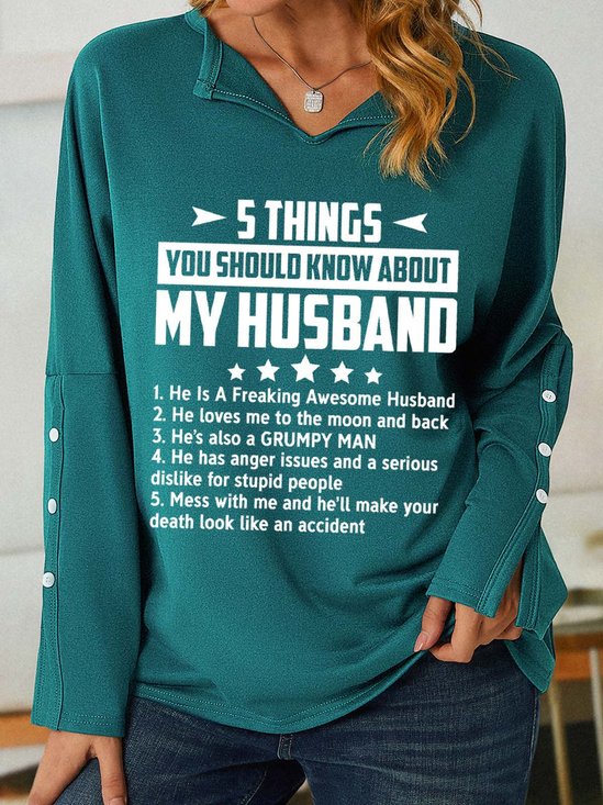 Women Funny 5 Things You Should Know About My Wife V Neck Simple Text Letters Sweatshirt