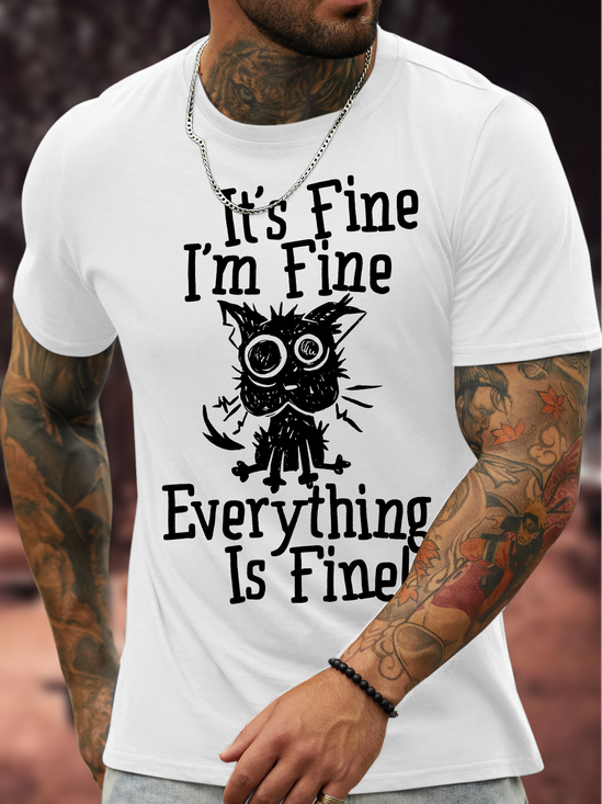 Men's It Is Fine I Am Fine Everything Is Fine Funny Dog Printing Crew Neck Text Letters Casual Cotton T-Shirt