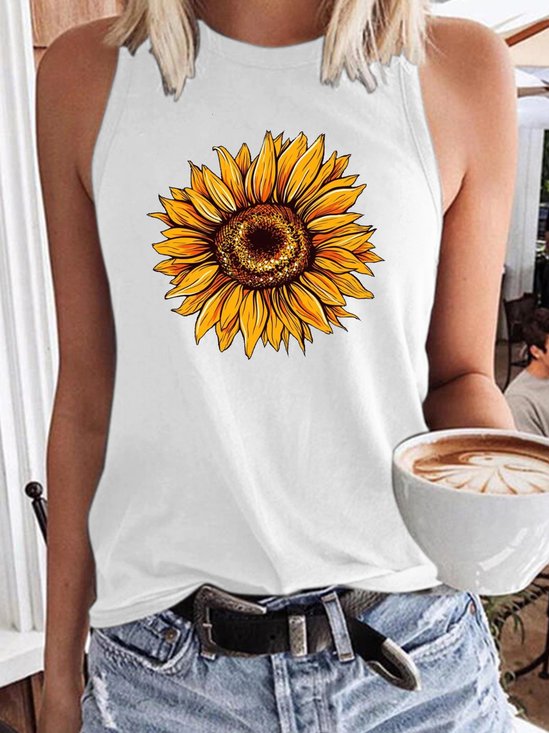Womens Sunflower Flower Print Garden Casual Crew Neck Tank Top