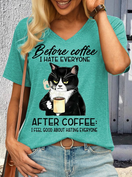 Women's Before Coffee I Hate Everyone After Coffee Black Cat Drink Letters Casual T-Shirt