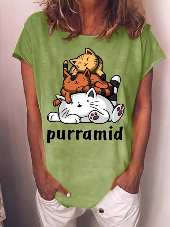 Women's Funny Purramid Cute Cat Graphic Printing Casual Crew Neck Cotton-Blend T-Shirt