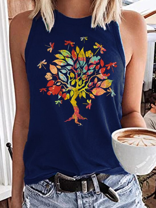 Women's Casual Crew Neck Dragonfly Tree Retro Tank Top