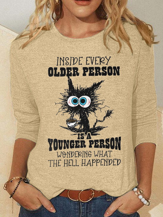 Funny Cat Old Person Casual Crew Neck Long Sleeve Shirt