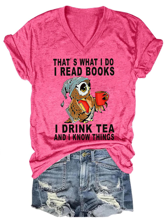 Women Owl That’s What I Do I Read Books I Drink Tea And I Know Things Vintage Cotton-Blend V Neck Animal T-Shirt