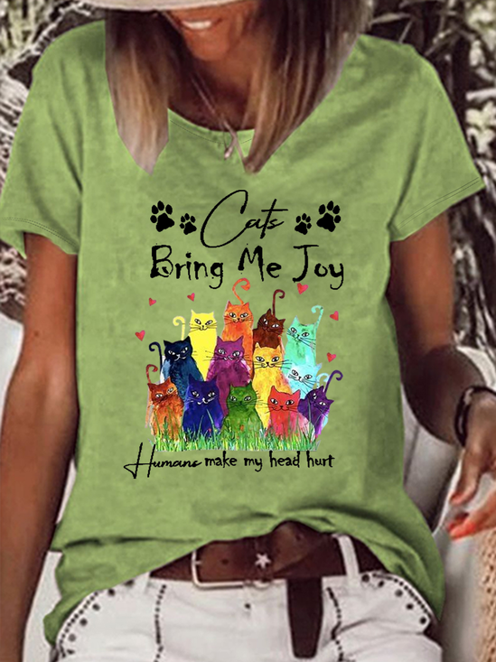 Funny Cat Cotton-Blend Loose Casual Text Letters T-Shirt