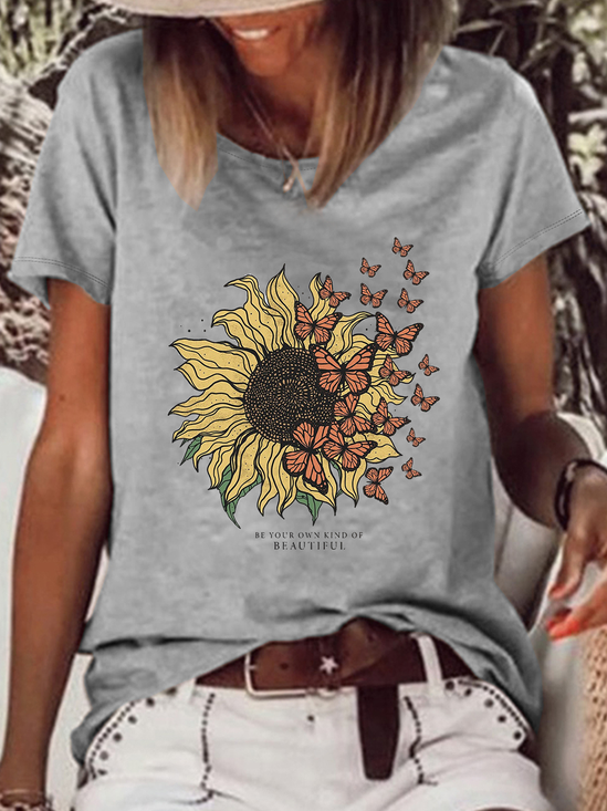 Vintage Sunflower Casual Loose Text Letters T-Shirt