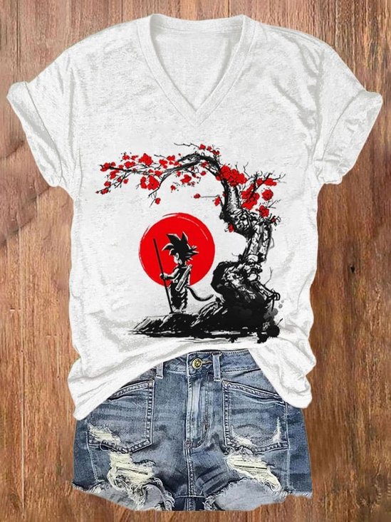 Women'S Toriyama Akira Printed Casual Text Letters Regular Fit V Neck T-Shirt