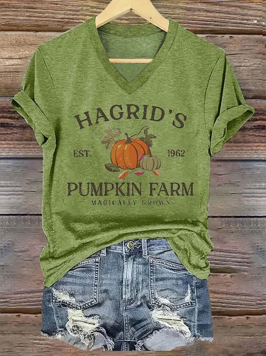 Women's Hagrid'S Pumpkin Patch Print V Neck T-shirt