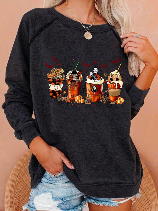 Skeleton Coffee Cups Halloween Casual Sweatshirt
