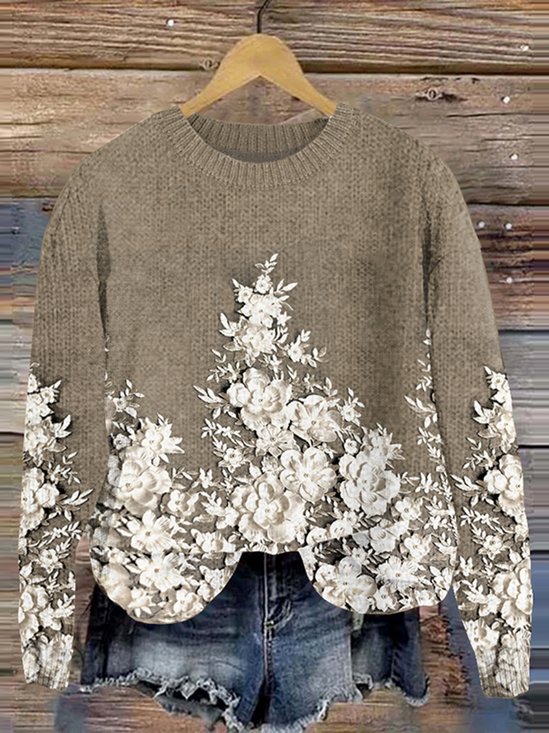 Vintage floral embroidery art knitted round neck sweater