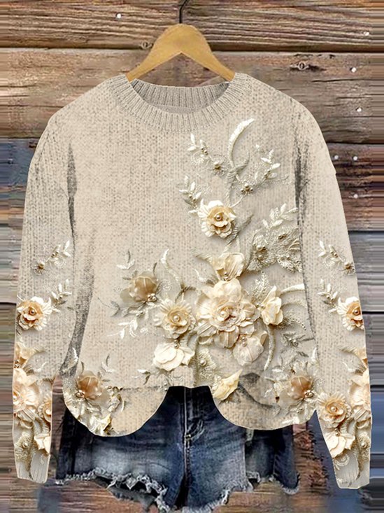 Vintage floral round neck knitted sweater