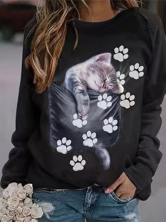 Cute Cat Design Round Neck Casual Sweatshirt