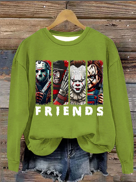 Friends Horror Characters Casual Loose Crew Neck Text Letters Sweatshirt
