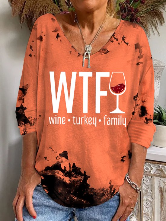 Women's WTF Wine Turkey Family Print V-Neck Long Sleeve Tee