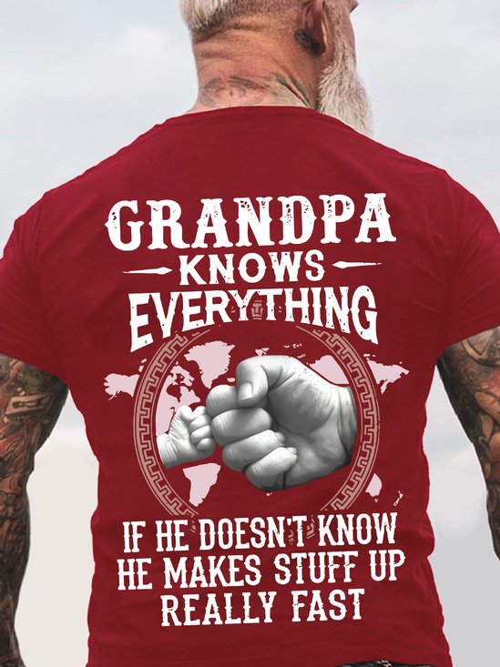 Grandpa -Knows Everything If He Doesn't Know He Makes Stuff Up Really Fast Back Cotton T-shirt