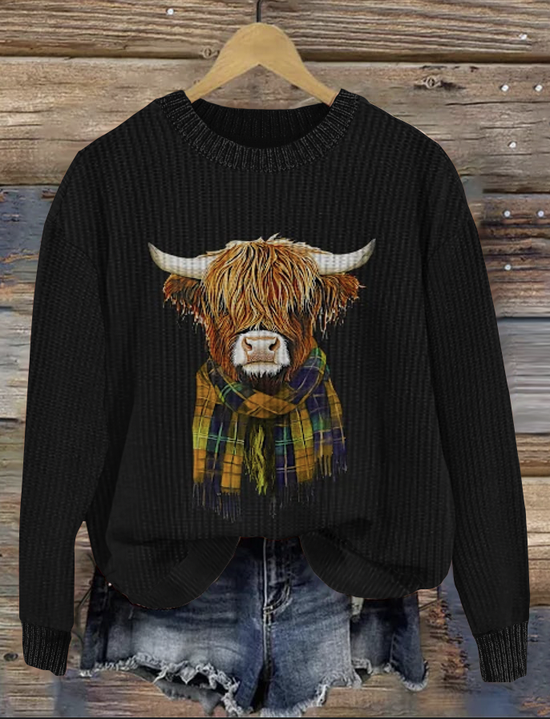 Scottish Cute Little Cow Round Neck Sweater