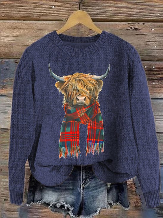 Women's Cute Highland Cow Print Knitted Crew Neck Sweater