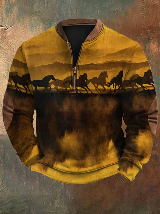 Men's Western Horse Print Vintage Zipper Sweatshirt