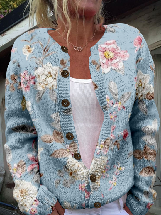 Crew Neck 3D Printing Vintage Knitted Cardigan