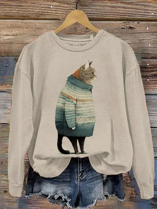 Women's Fat Cat Art Print Crew Neck Sweatshirt