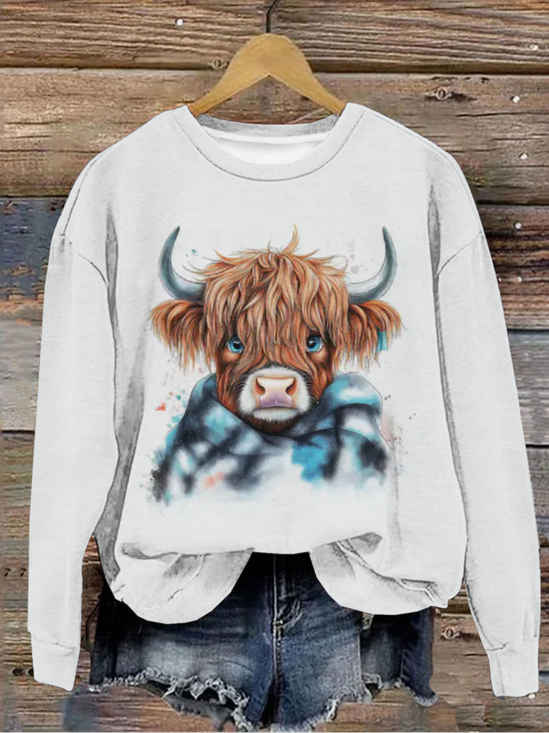 Scottish Highland Cattle Wearing A Plaid Scarf Sweatshirt