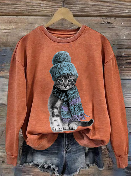Women's Artistic Cat Print Sweatshirt