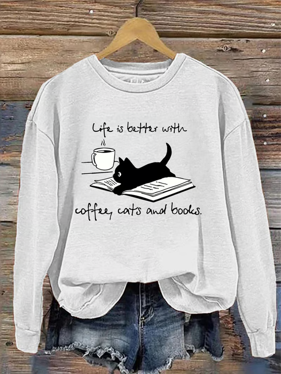 Lady Coffee, Cat And Book Sweatshirt