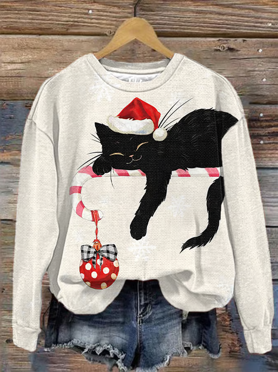 Women's Black Cat Christmas Art Print Sweatshirt