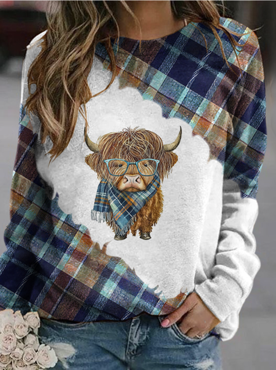 Western style color blocked highland cow round neck sweatshirt
