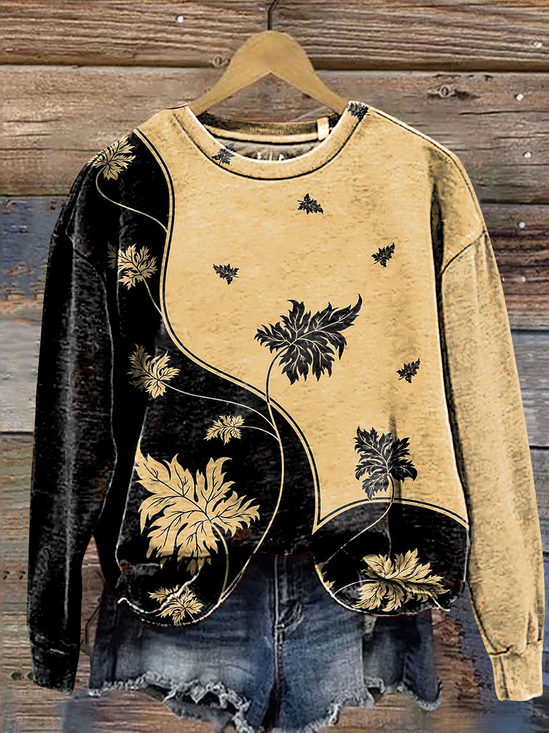 Leaf Print Long Sleeve Crew Neck Sweatshirt