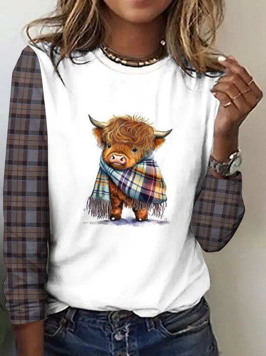 Retro plaid color blocked highland cow casual long sleeved T-shirt
