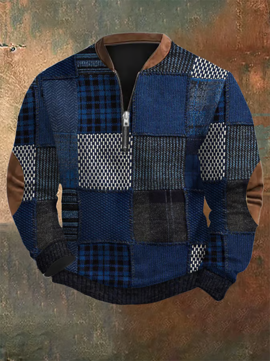 Men's Retro Western Textured Print Zip Collar Sweatshirt