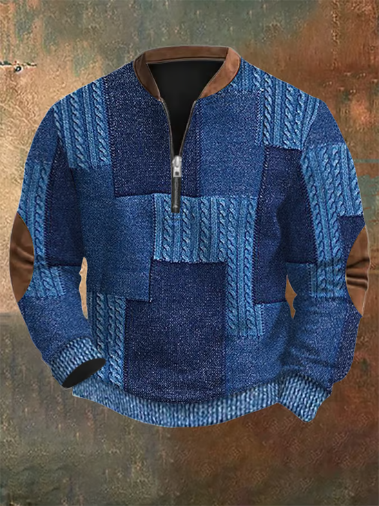 Men's Retro Western Textured Print Zip Collar Sweatshirt